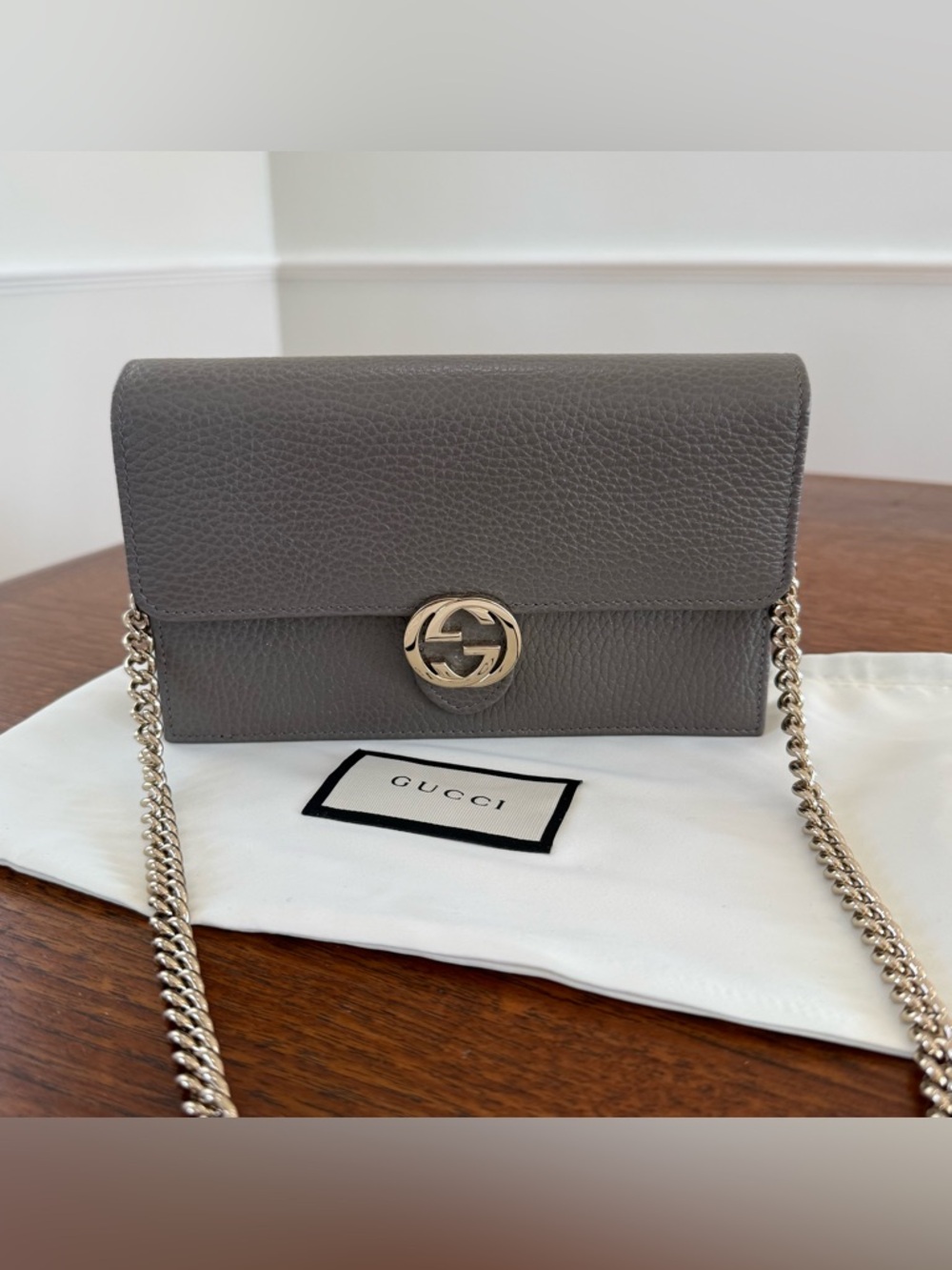 Authentic Gucci Gray Pebbled Leather Crossbody with Interlocking G